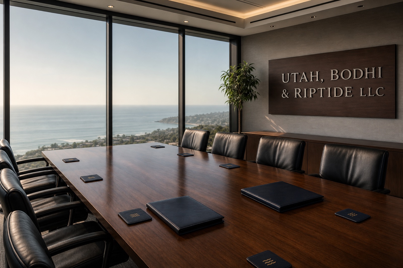 The firm's main conference room overlooking the Pacific — firm name on the wall, monogrammed coasters at each seat