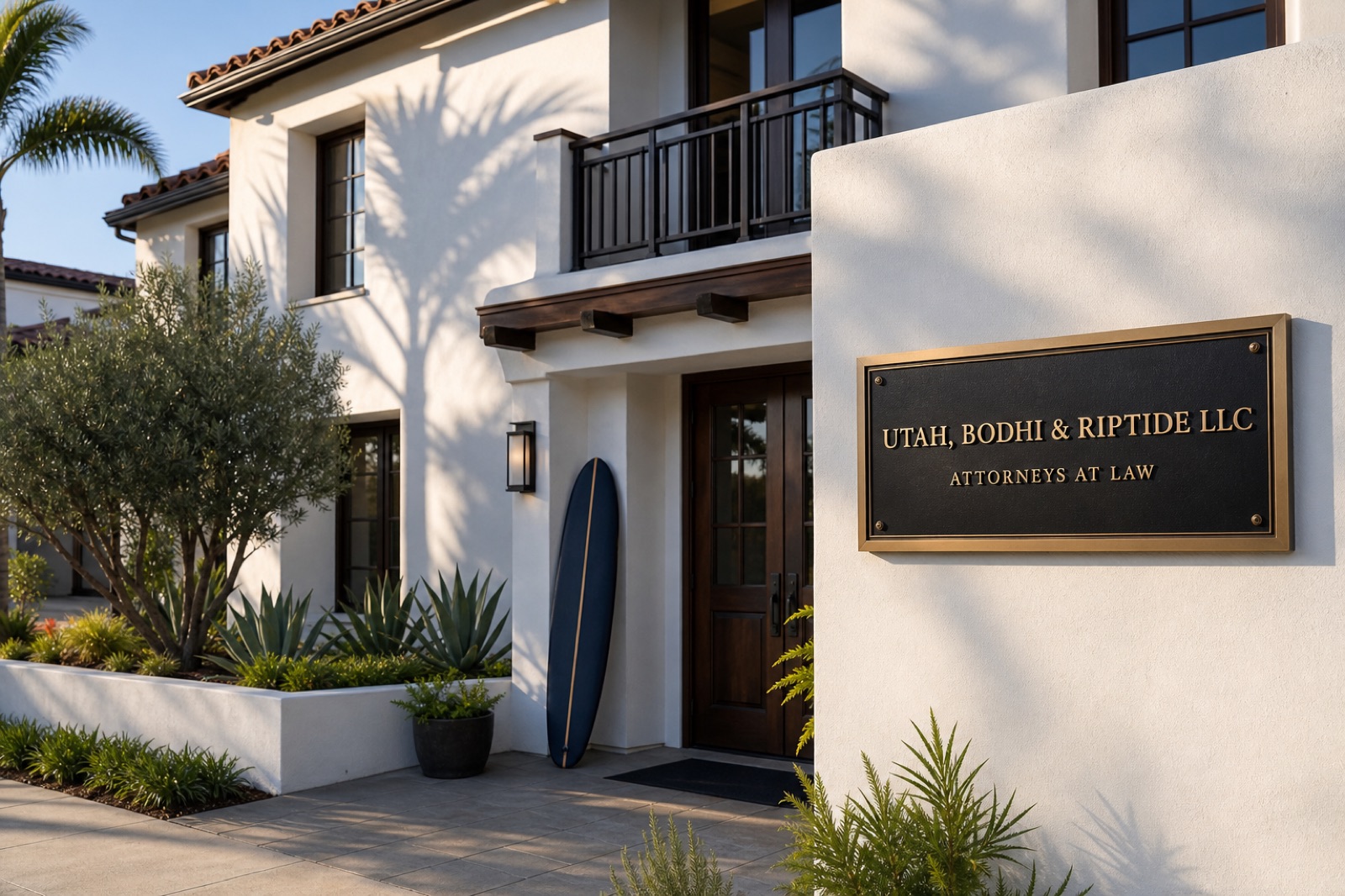 The firm's offices at Breakwater Plaza, San Diego — brass sign at the entrance, a navy longboard leaning beside the door