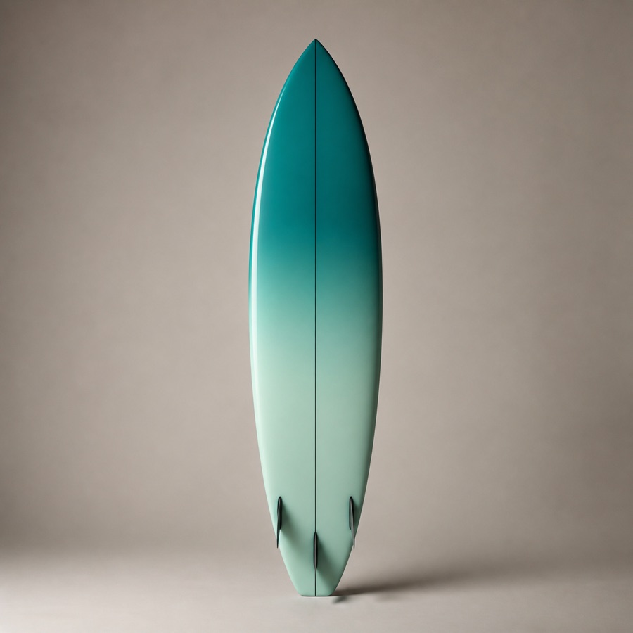 In lieu of Kira Riptide: her board — a high-performance thruster fading from deep teal to seafoam